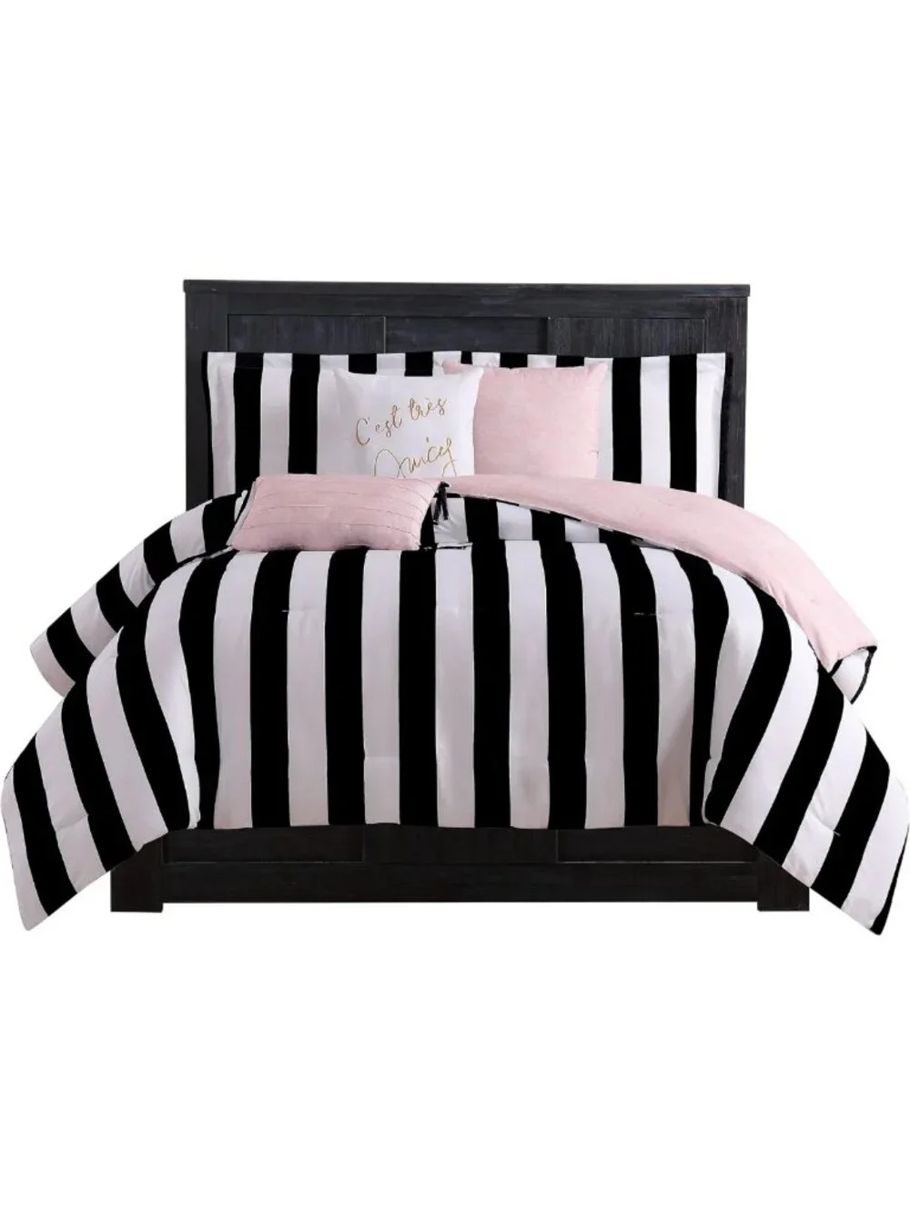 Reversible Queen Bedding Set - Black & White Stripe - 6 Piece Comforter